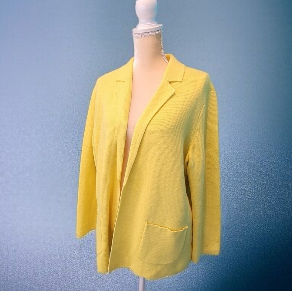 TALBOTS Open Front Cardigan Sweater  Large Long Knit Yellow Pockets NWT T06